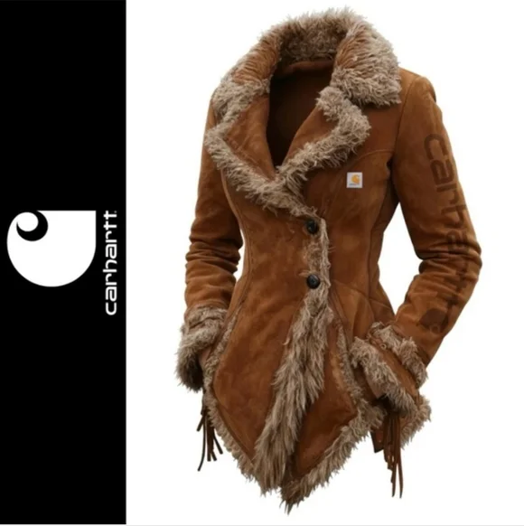 CARHARTT Faux Suede 2 Button Collared Lightweight Embroidered Coat Sz M - Picture 2 of 14